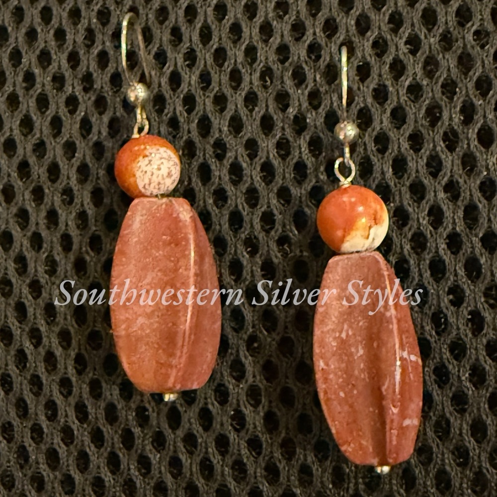 NEW Southwestern Tribal Deep Redish Orange Jasper Sterling Silver Hook Earrings